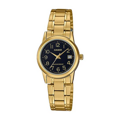Gold Casio watch with black dial on a white background