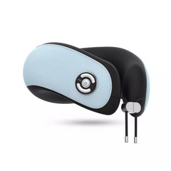 Black and light blue neck pillow with a control panel on a white background