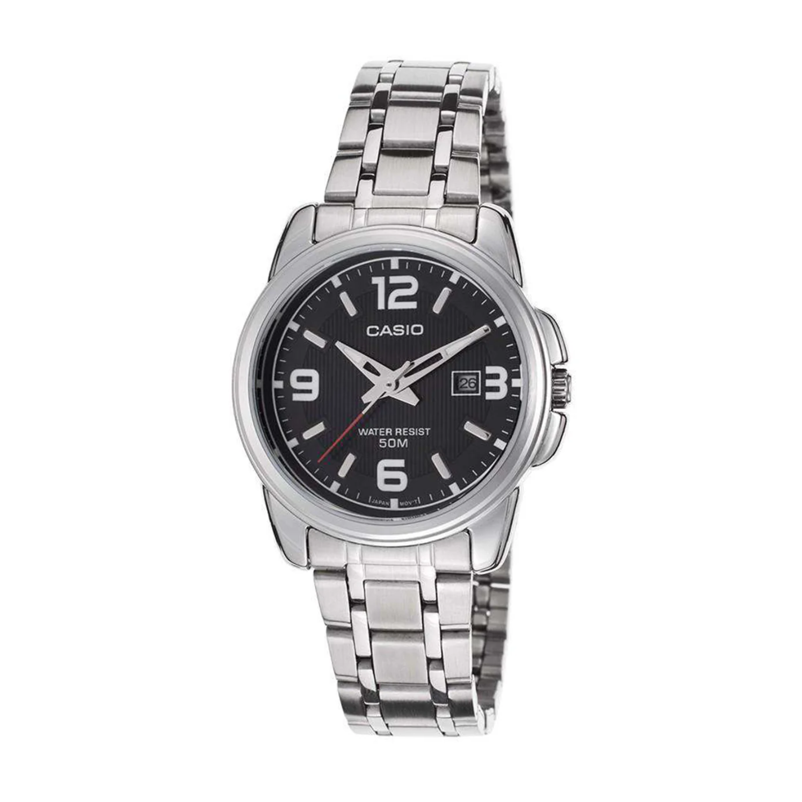 Casio watch with silver metal strap and black dial on a white background