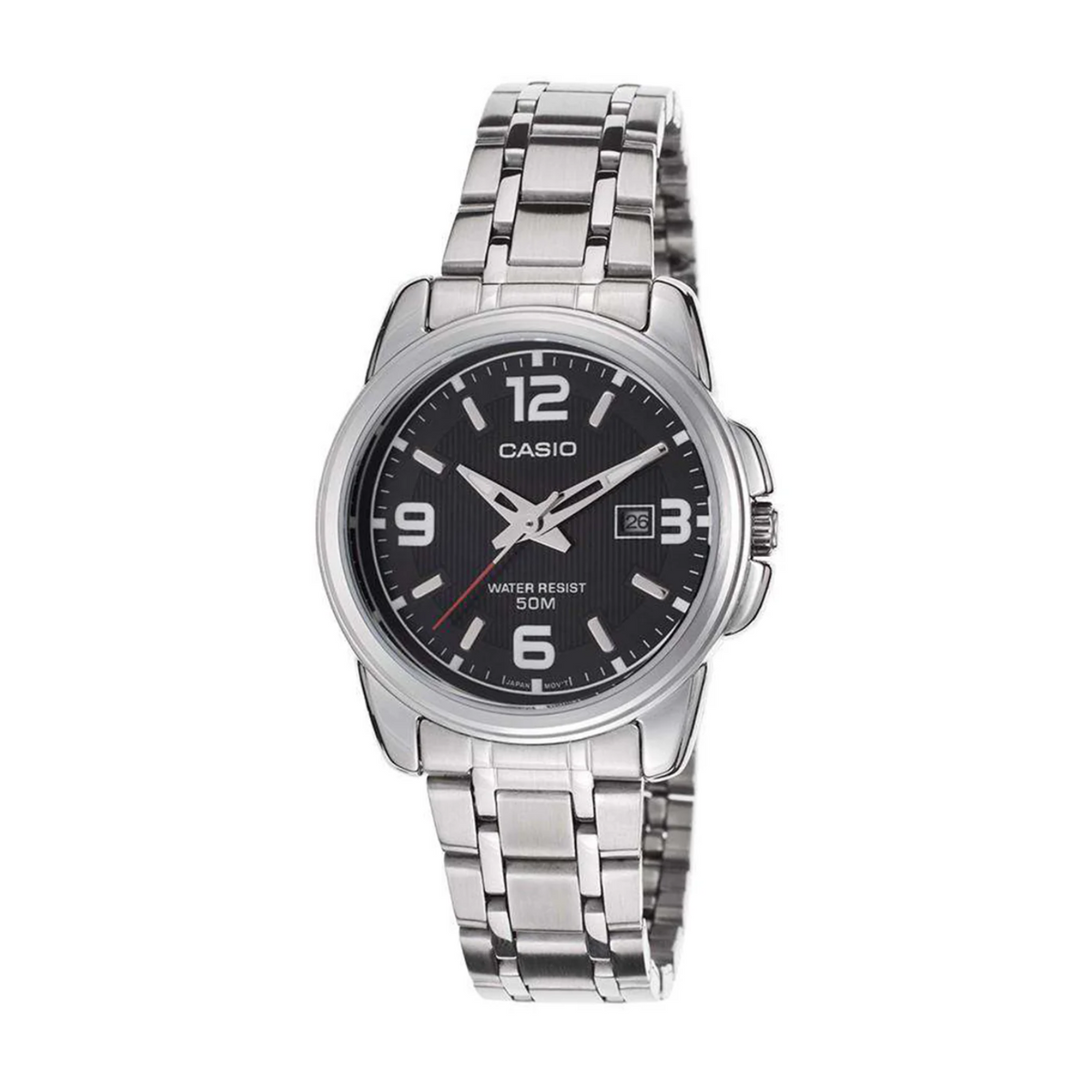 Casio watch with silver metal strap and black dial on a white background
