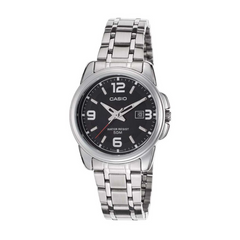 Casio watch with silver metal strap and black dial on a white background