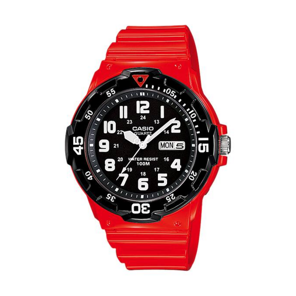 Red Casio watch with black dial on a white background