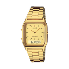 Gold Casio watch on a white background