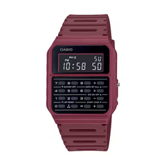 Maroon Casio digital watch on a white background