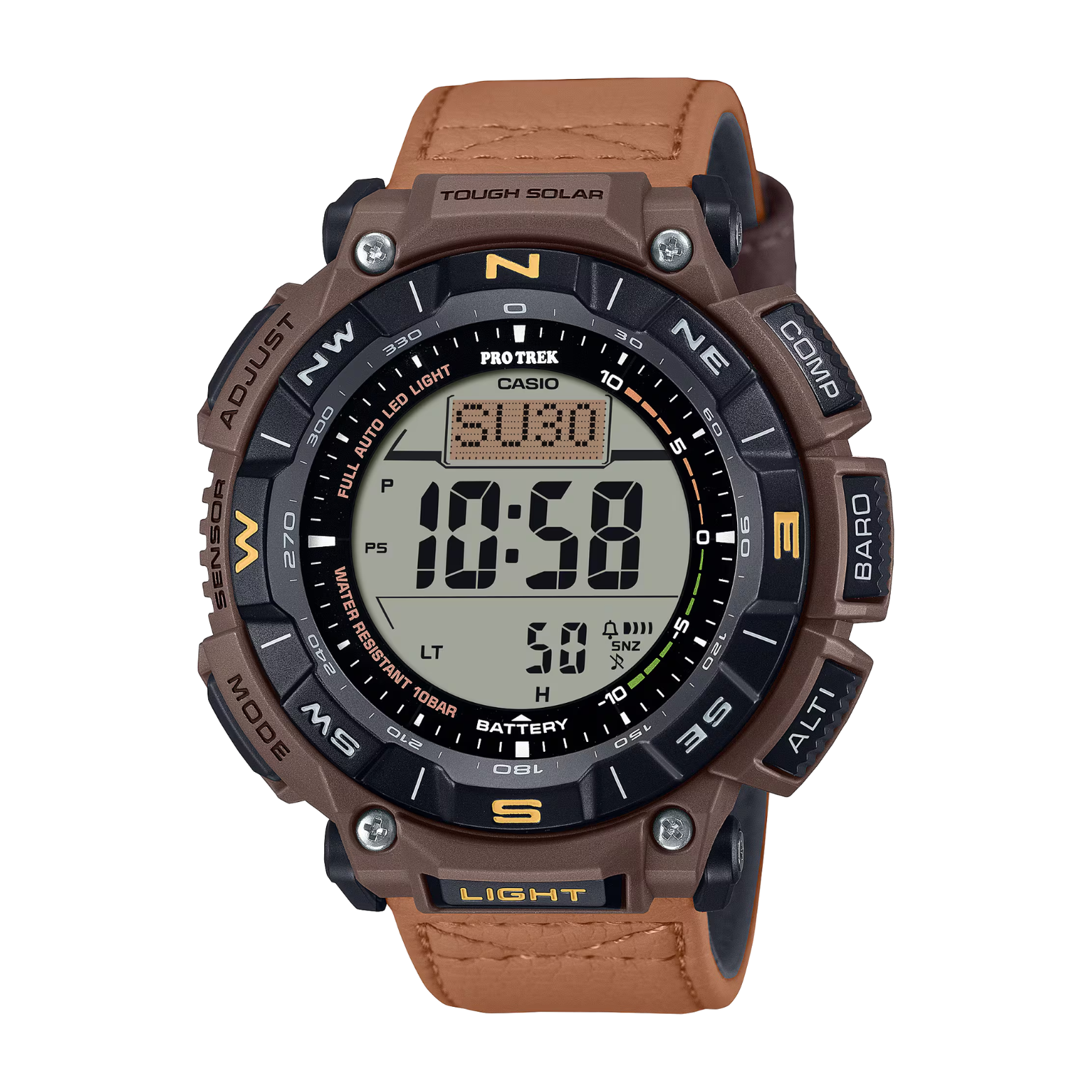 Casio ProTrek digital watch with brown leather strap on a white background