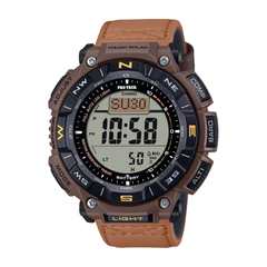 Casio ProTrek digital watch with brown leather strap on a white background