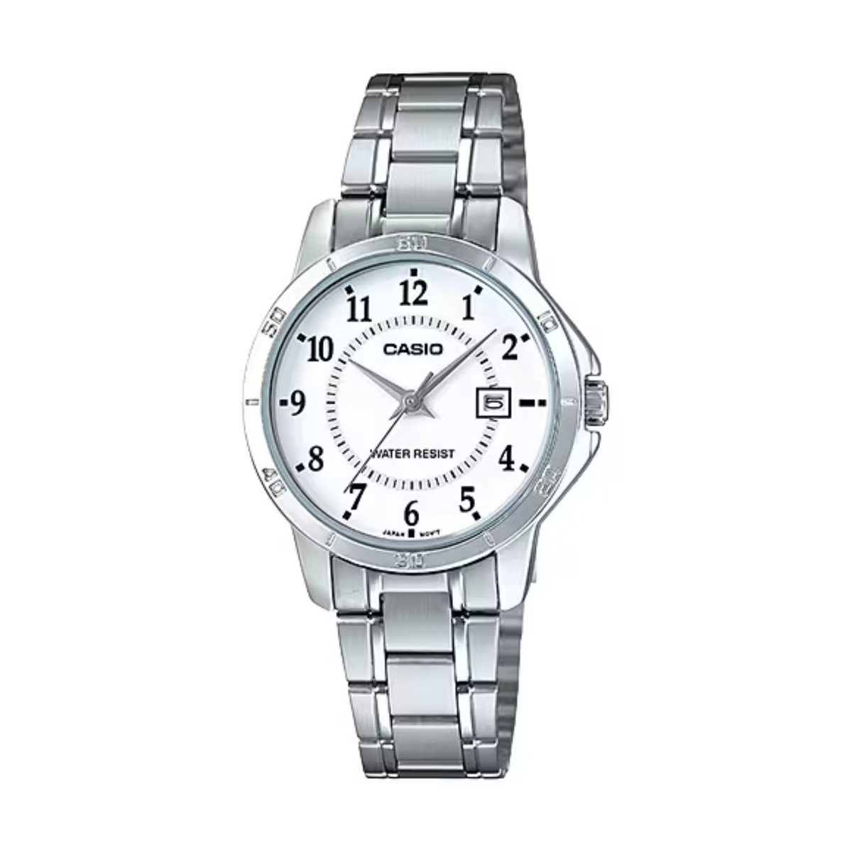 Silver Casio watch with a white face on a white background