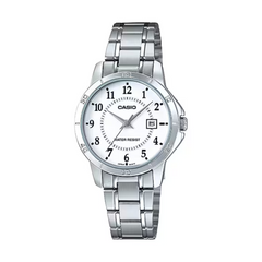 Silver Casio watch with a white face on a white background