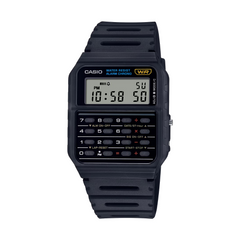 Black Casio digital watch on a white background