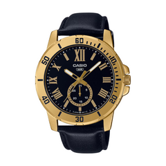 Casio watch with black face and leather strap on a white background