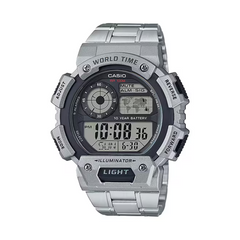 Silver Casio digital watch on a white background