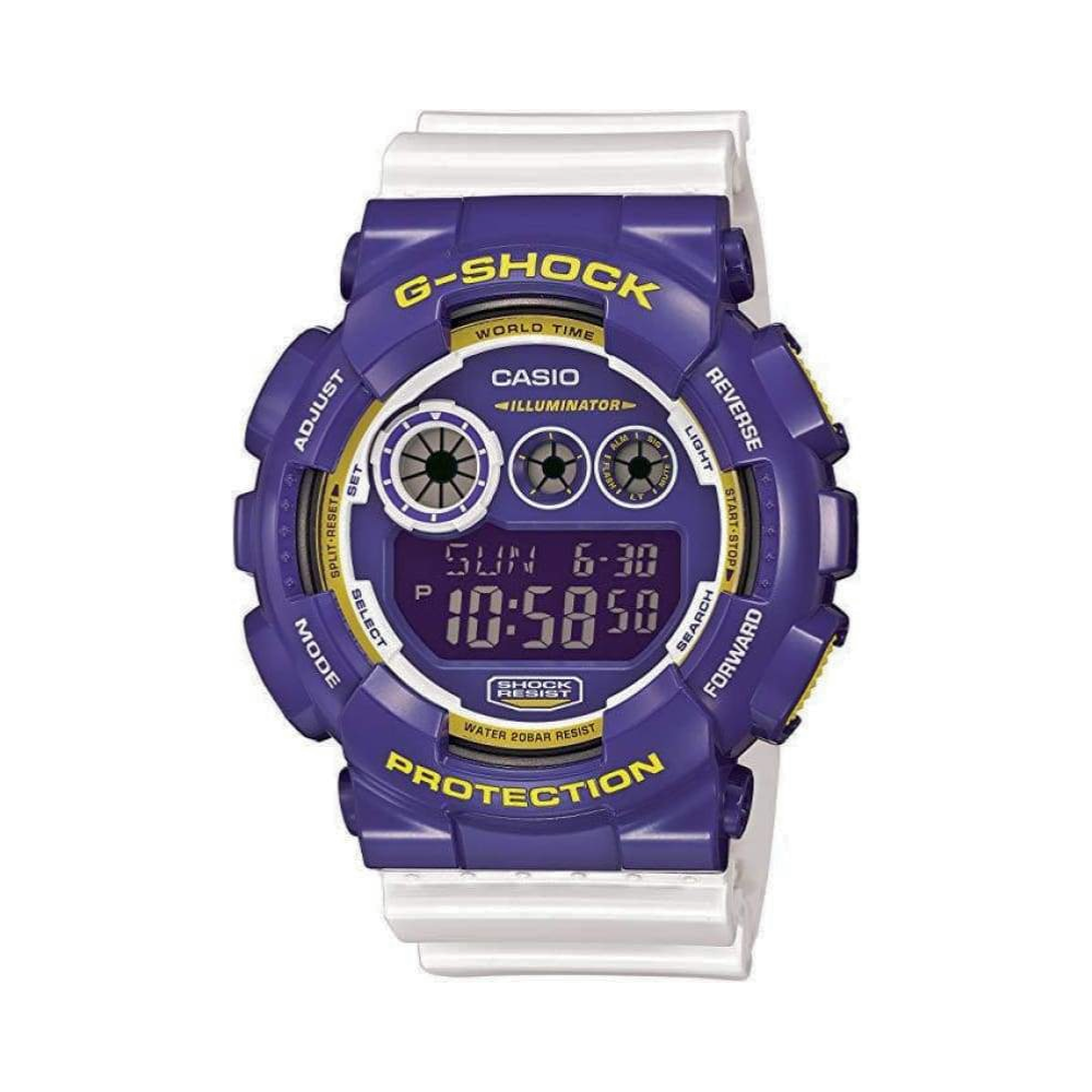 Casio G-Shock watch with purple and white design on a white background