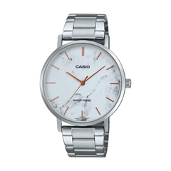 Casio watch with silver band and marble-patterned face on a white background