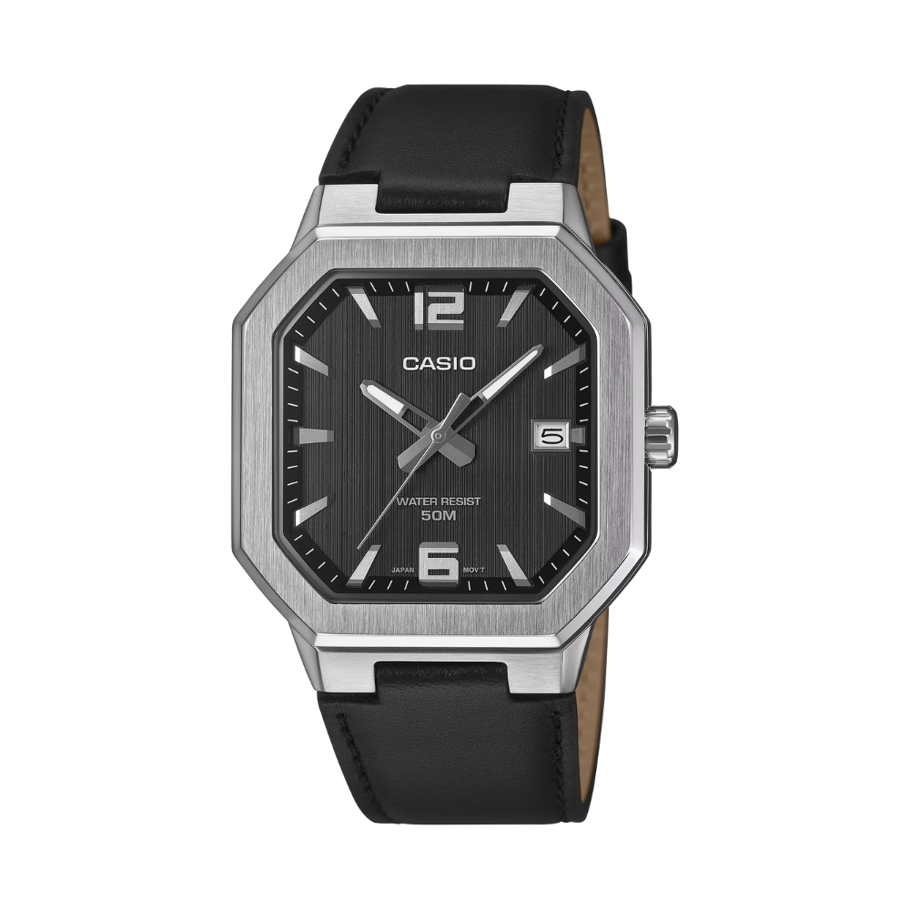 Casio watch with black strap and black dial on a white background