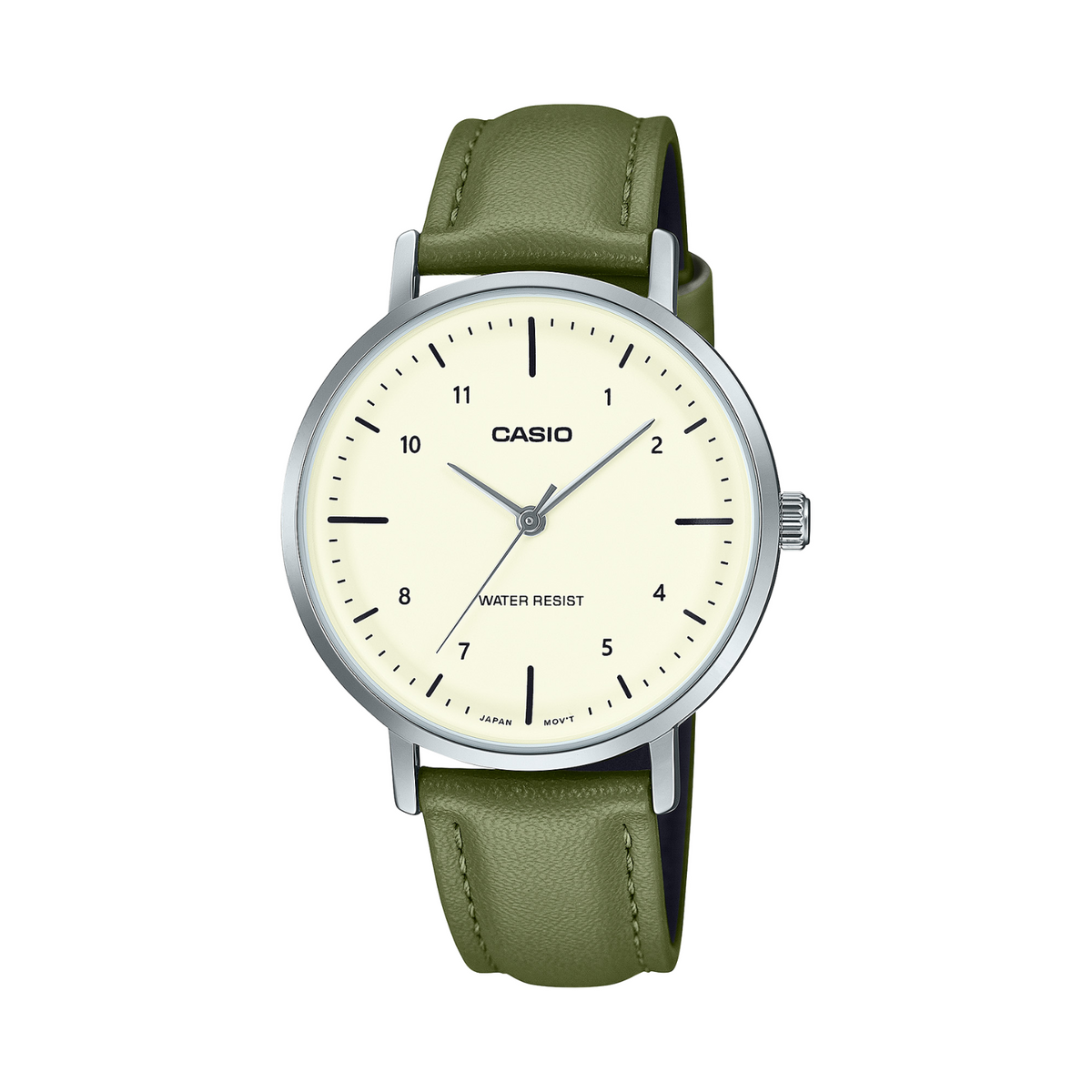 Casio watch with green strap on a white background