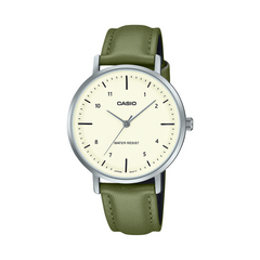 Casio watch with green strap on a white background