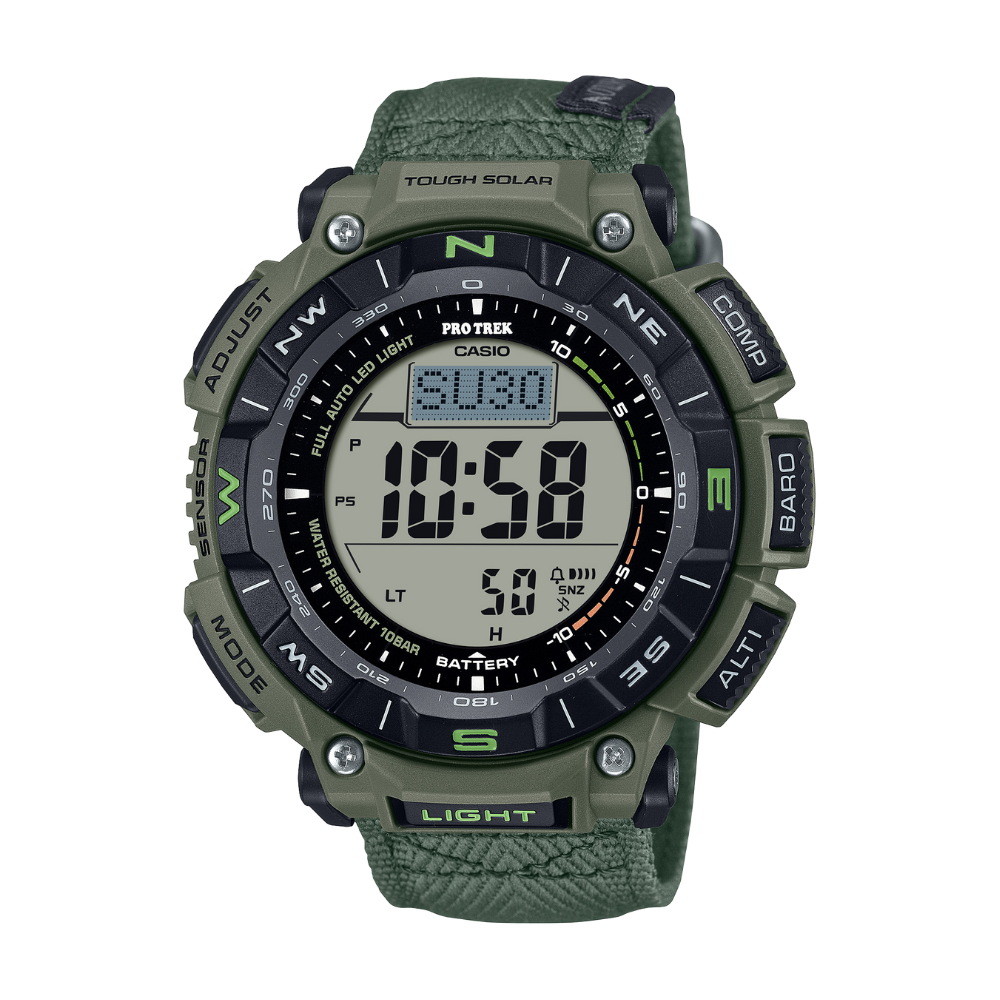 Green digital watch with multiple functions on a white background