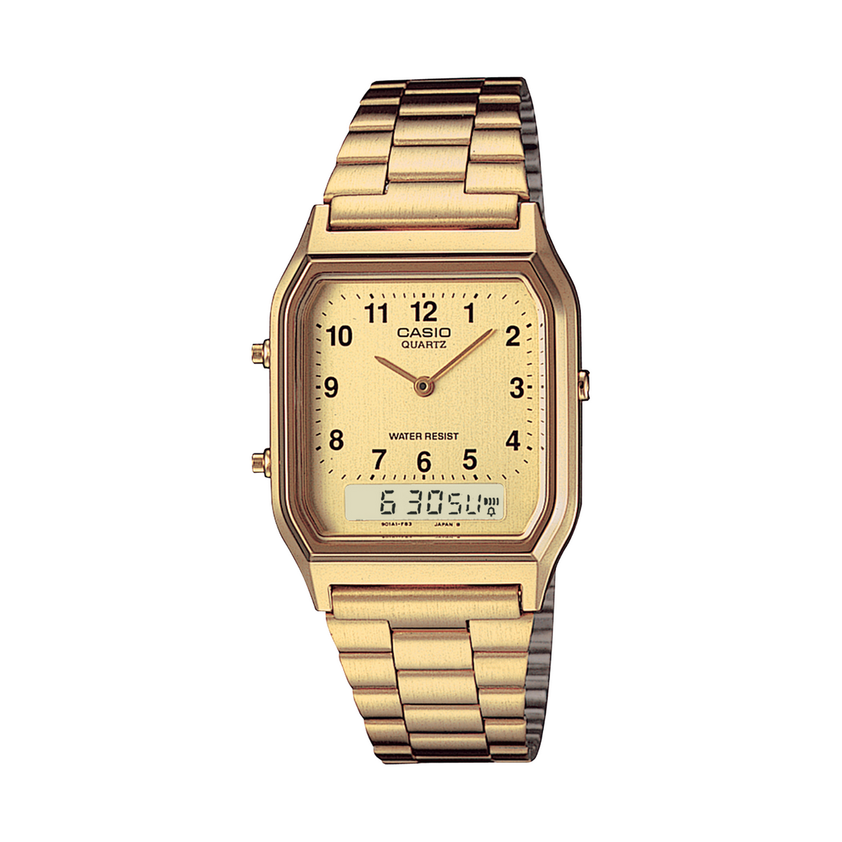 Gold Casio watch on a white background