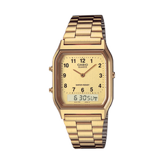 Gold Casio watch on a white background