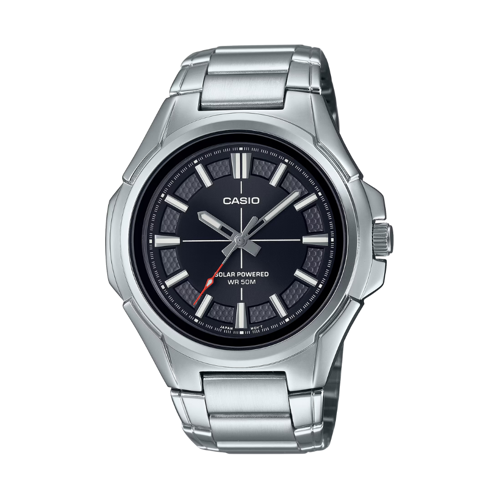 Casio watch with silver strap and black dial on a white background