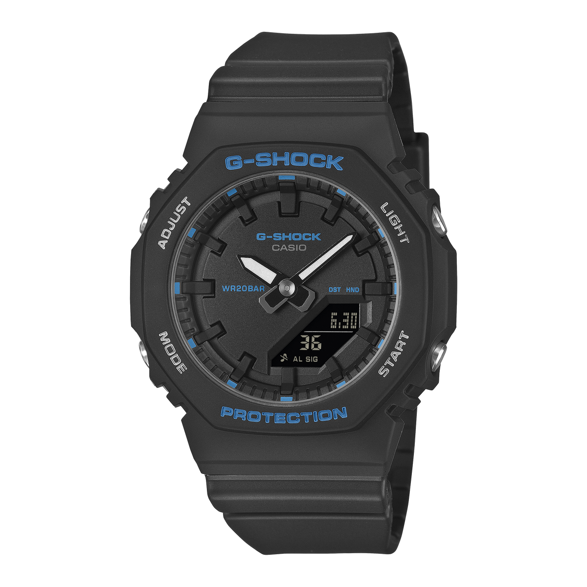 Black G-Shock watch with blue accents on a white background