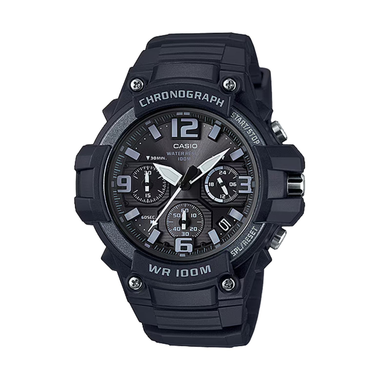 Black Casio watch with chronograph features on a white background
