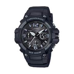 Black Casio watch with chronograph features on a white background