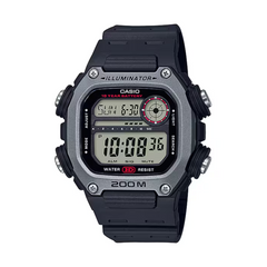 Black Casio digital watch on a white background