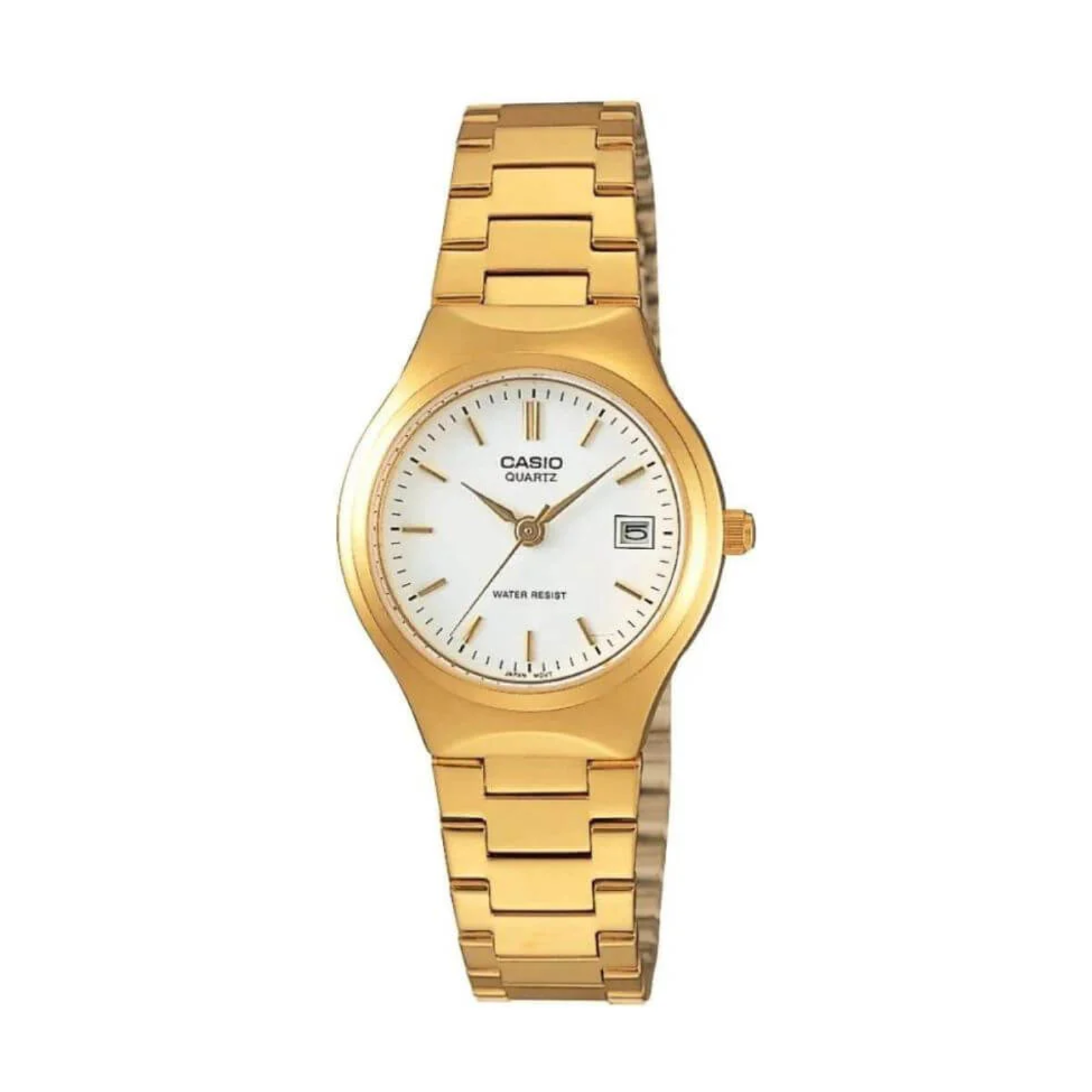 Gold Casio watch on a white background