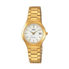 Gold Casio watch on a white background