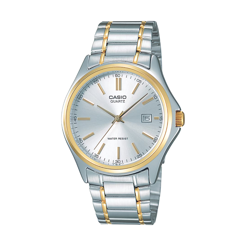 Casio watch with silver and gold band on a white background