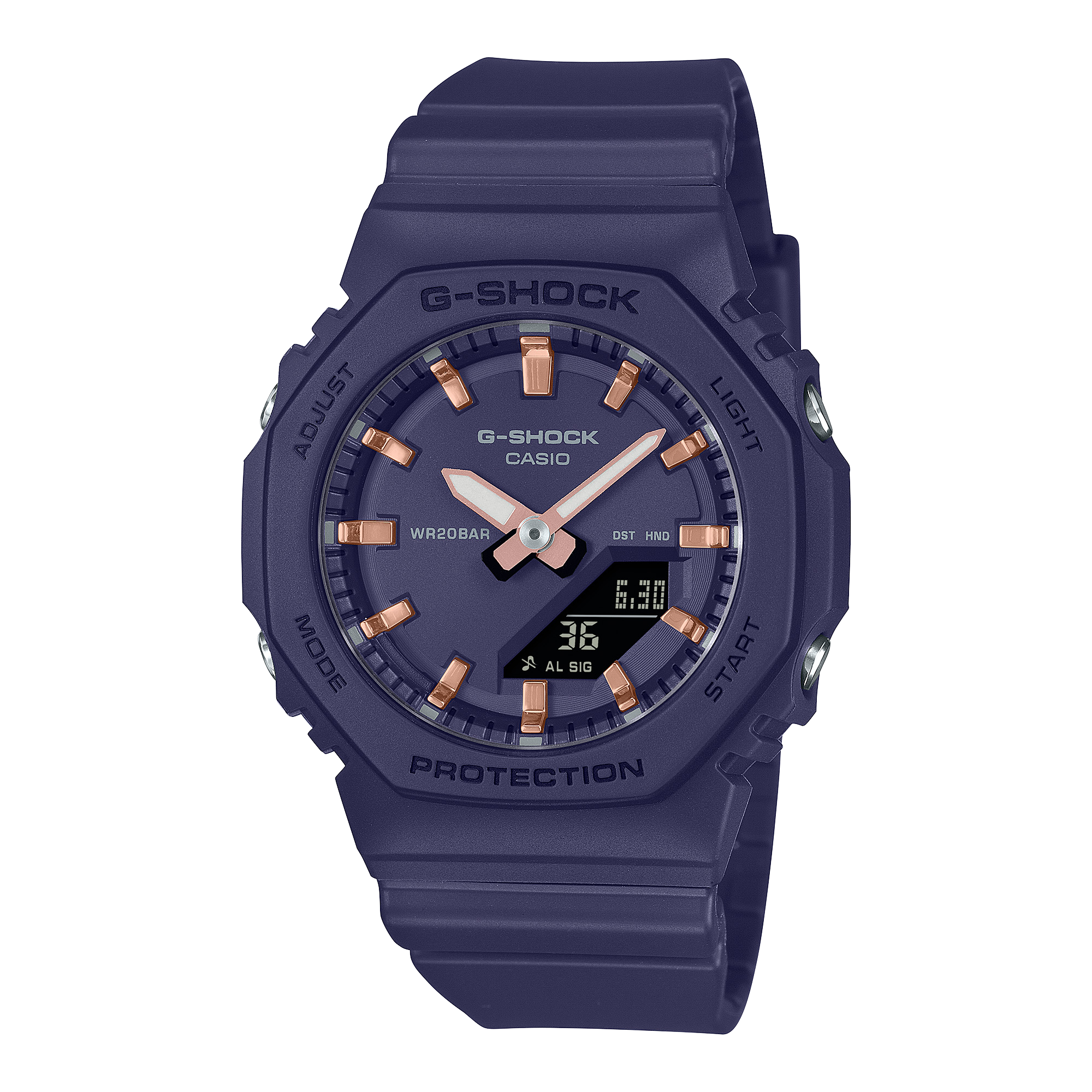 Blue G-Shock Casio watch with rose gold accents on a white background
