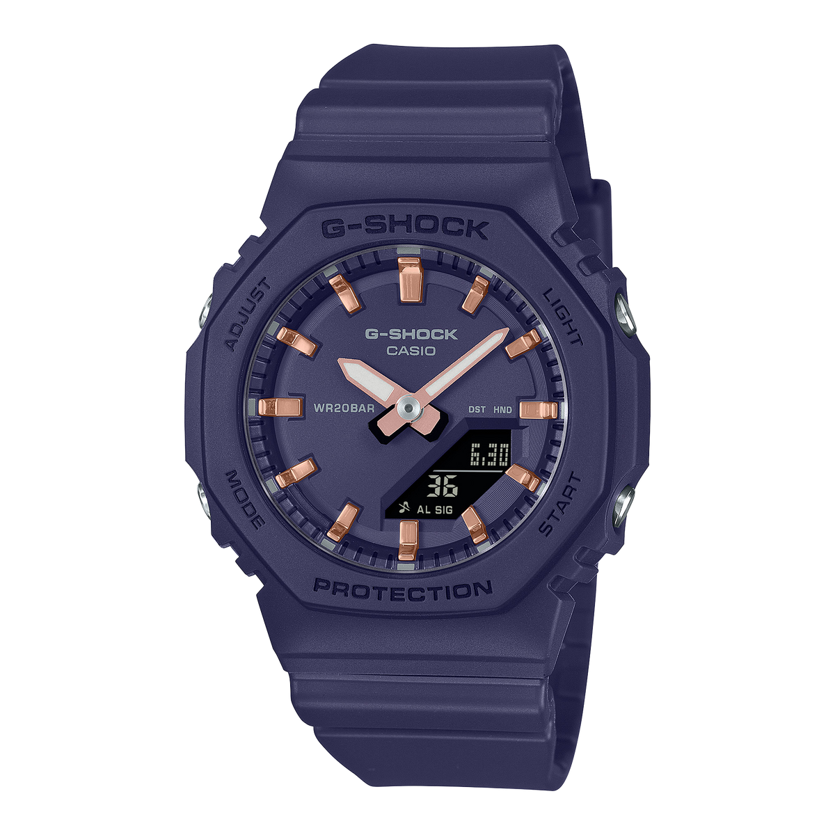Blue G-Shock Casio watch with rose gold accents on a white background
