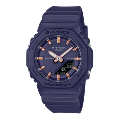 Blue G-Shock Casio watch with rose gold accents on a white background