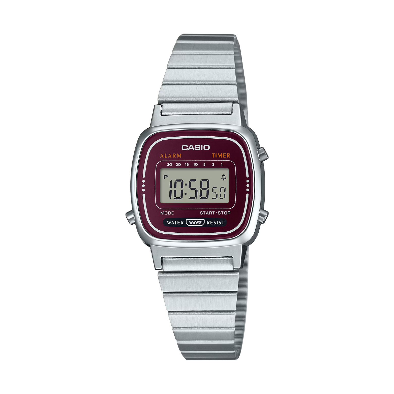 Casio digital watch with silver strap and red face on a white background