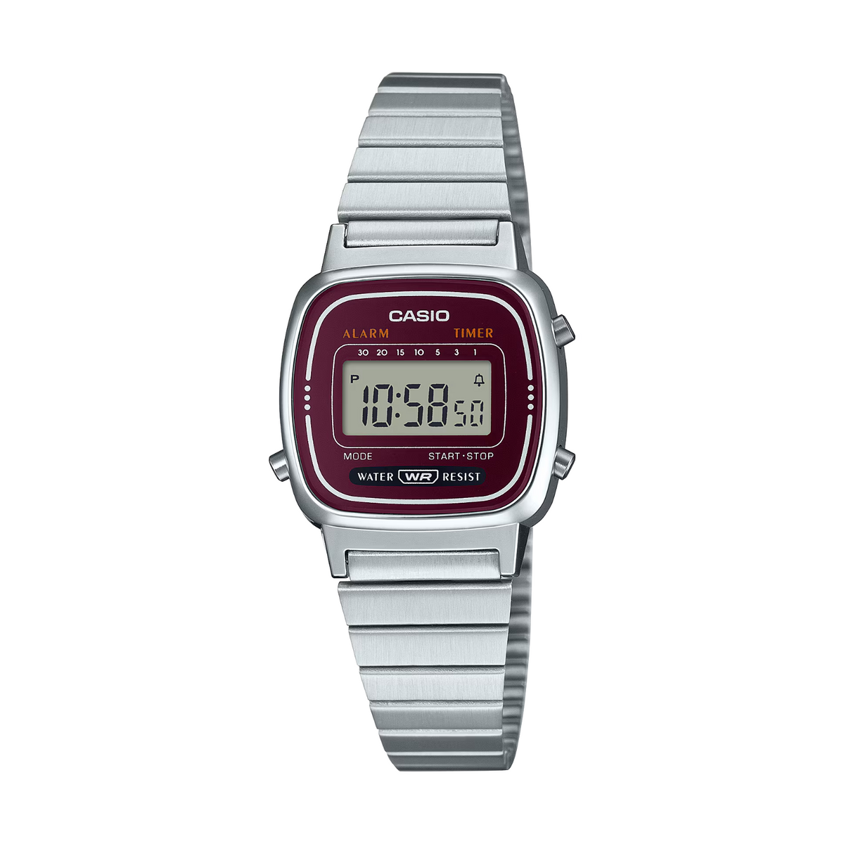 Casio digital watch with silver strap and red face on a white background