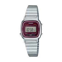 Casio digital watch with silver strap and red face on a white background