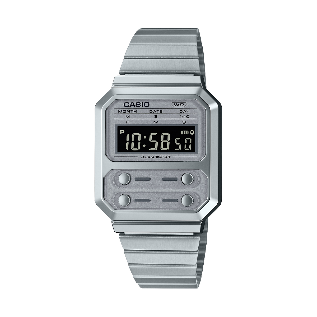 Silver Casio digital watch on a white background