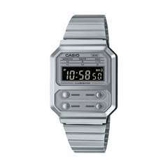 Silver Casio digital watch on a white background