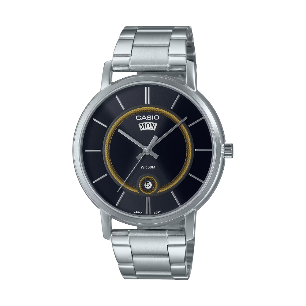 Casio watch with silver band and black dial on a white background