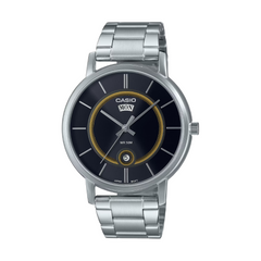 Casio watch with silver band and black dial on a white background