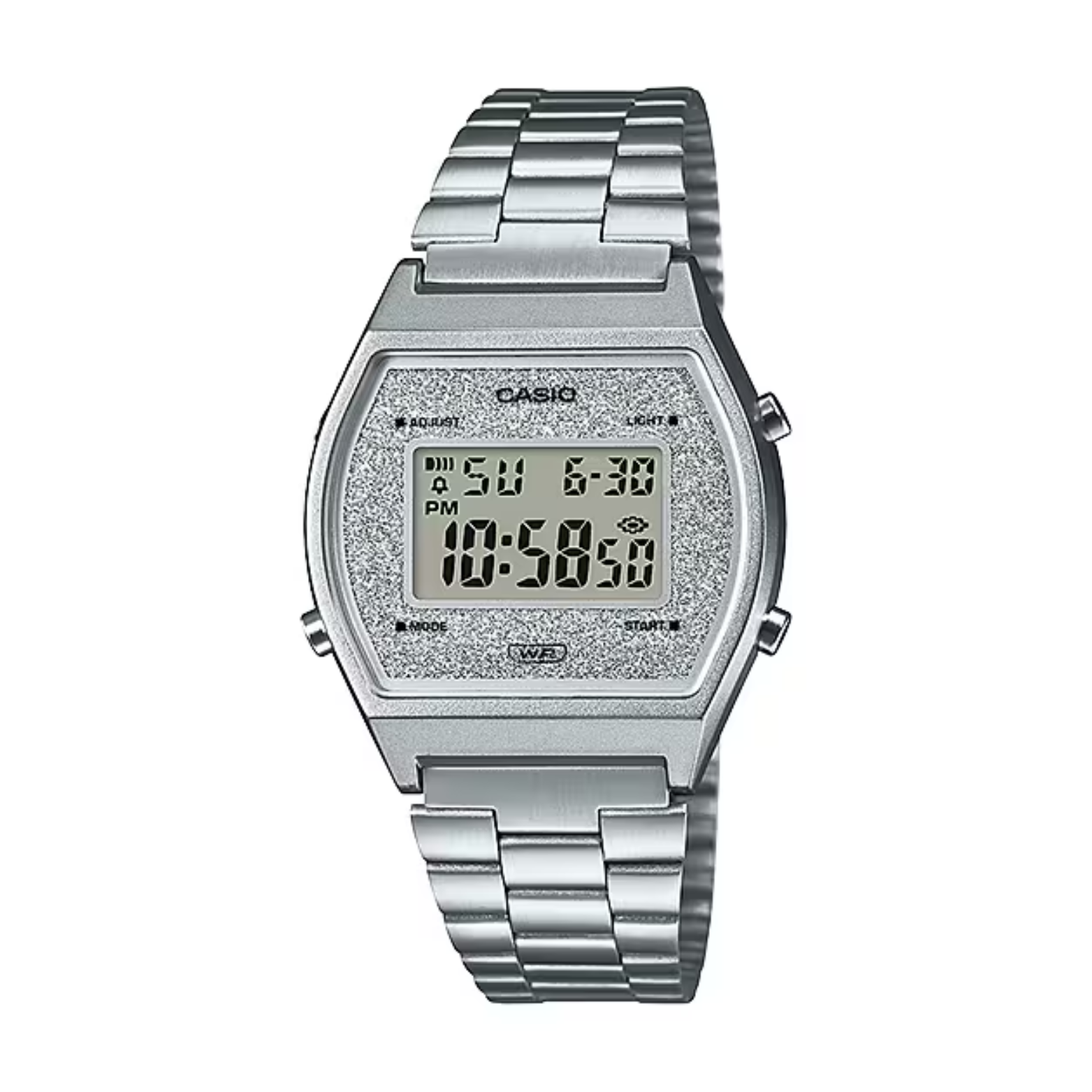 Silver digital watch with a metallic band on a white background