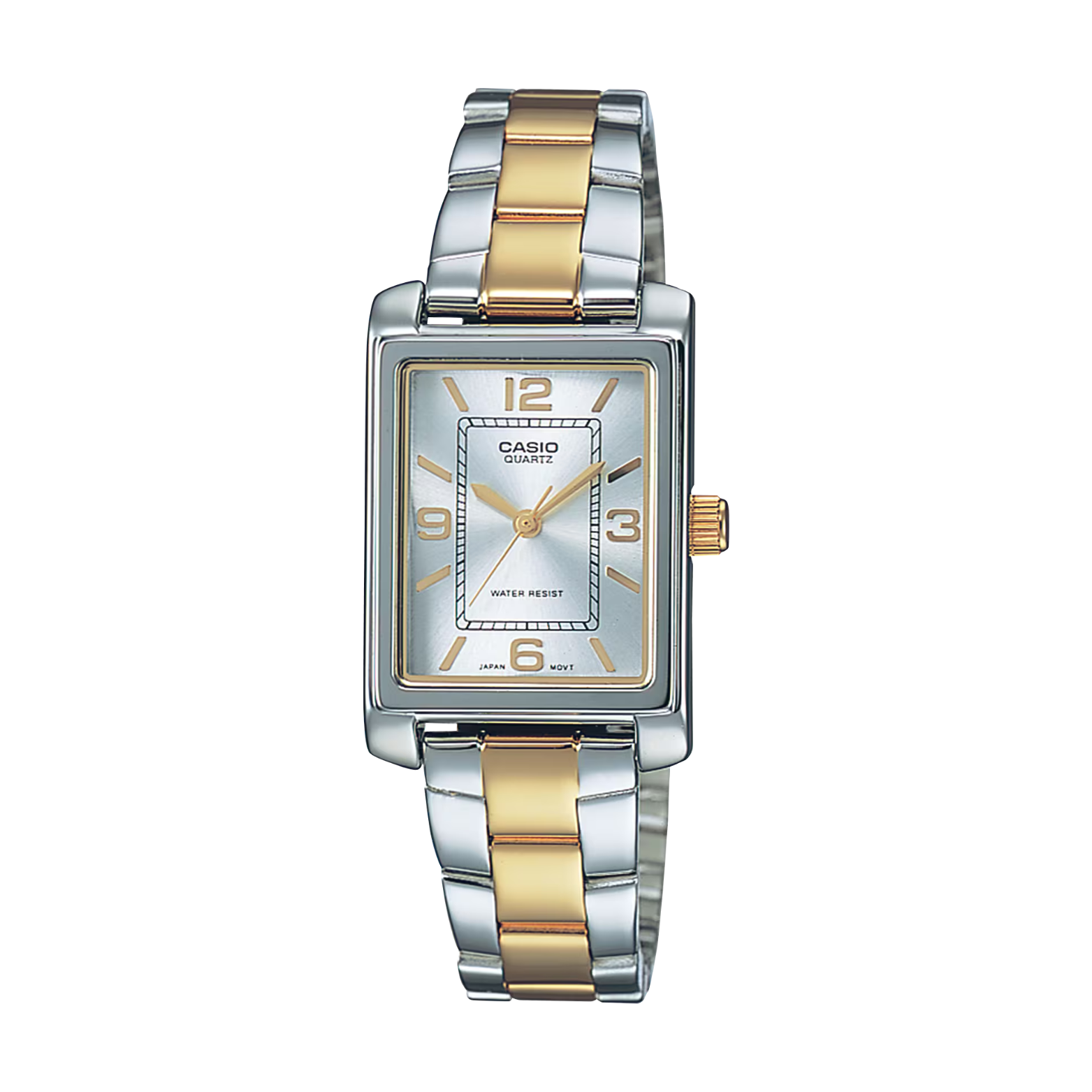 Casio watch with two-tone silver and gold band on a white background