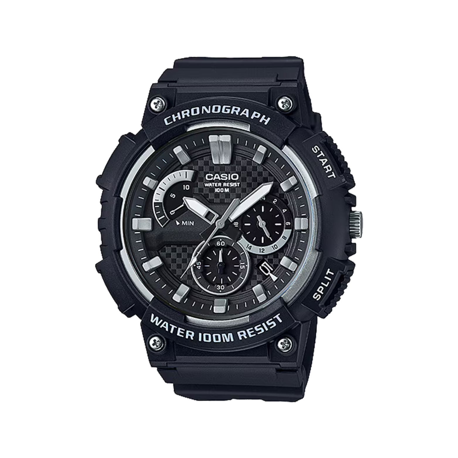 Black Casio watch with multiple functions on a white background