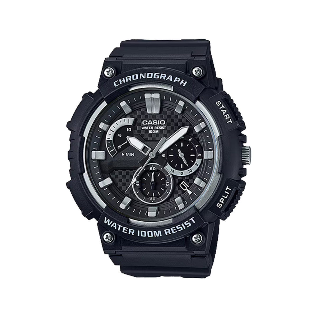 Black Casio watch with multiple functions on a white background