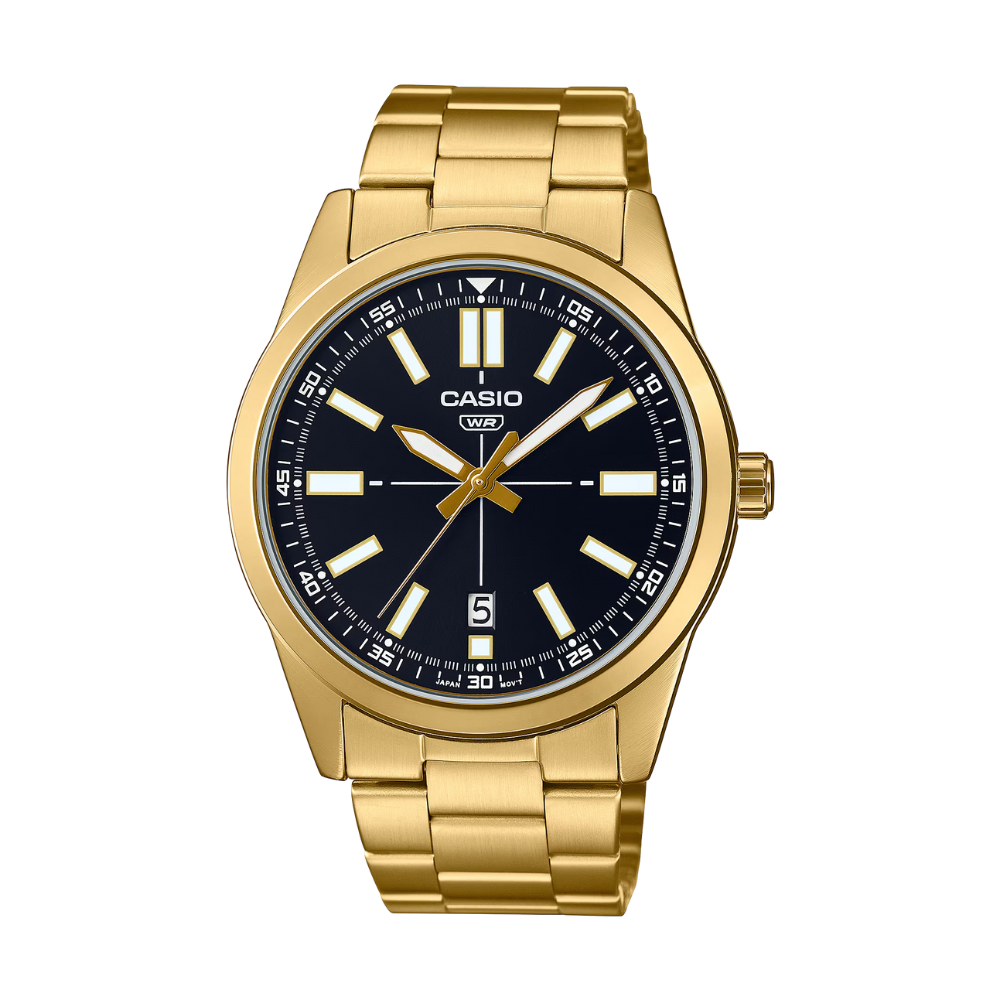 Gold Casio watch with black dial on a white background