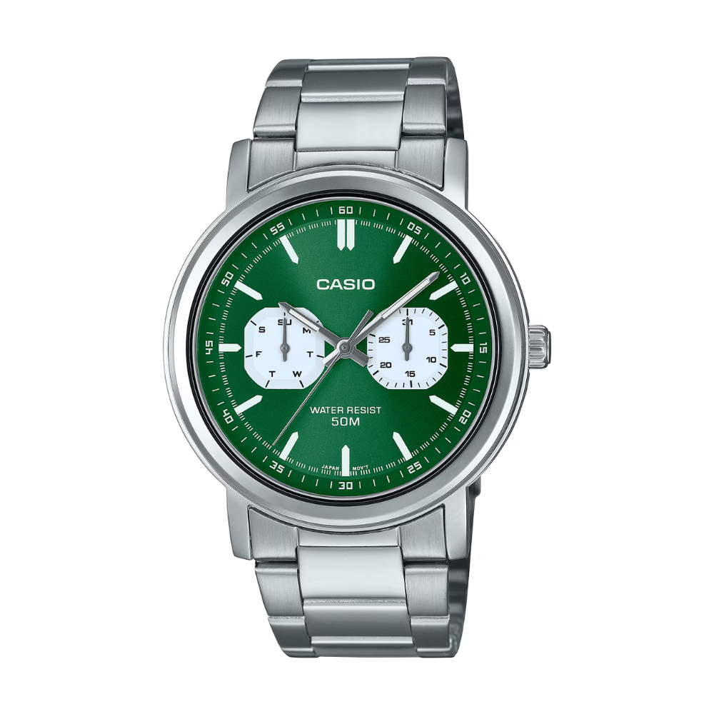 Casio watch with green dial and silver metal strap on a white background