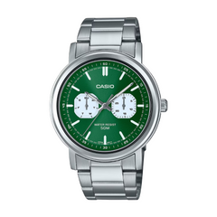 Casio watch with green dial and silver metal strap on a white background