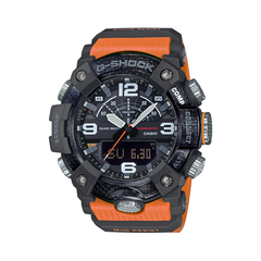 Casio G-Shock watch with black and orange design on a white background