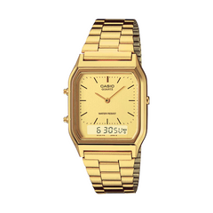 Gold Casio watch on a white background